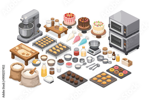 Baking ingredients and equipment collection for making cakes, cookies, and pastries