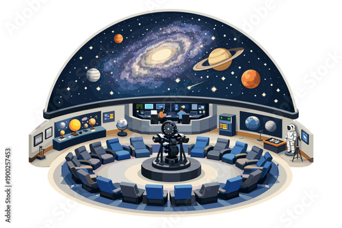 Inside a modern planetarium with a projector and audience seating under a starry dome