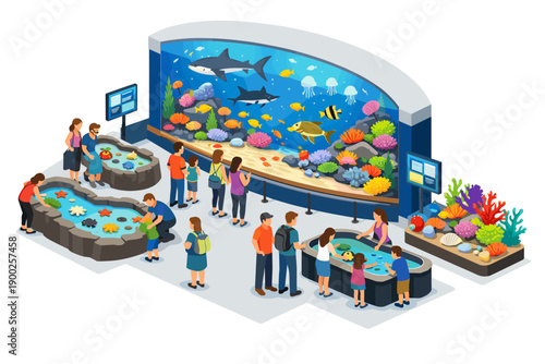People enjoying an aquarium visit, observing marine life in tanks and interactive exhibits