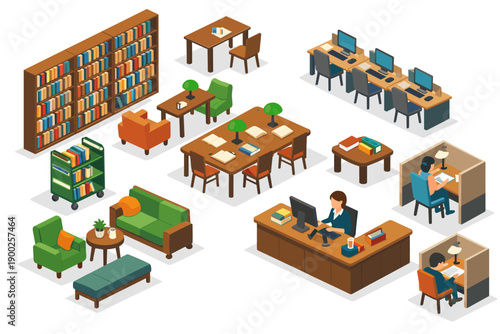 Isometric library interior with bookshelves, study desks, and reading areas