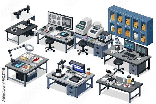 Isometric laboratory workstations with scientific equipment and analysis tools