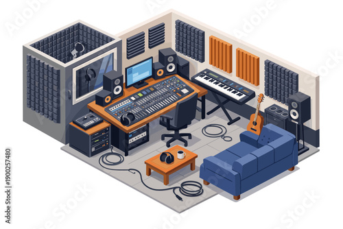 Modern isometric recording studio setup with soundproofing and musical instruments