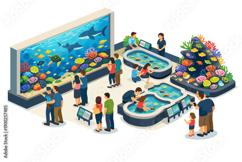 People enjoying an aquarium visit, observing marine life in tanks and touch pools