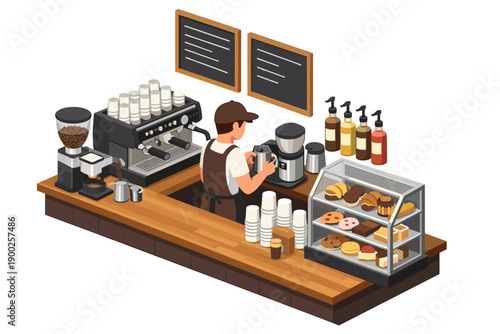 Barista preparing coffee behind the counter in a cozy isometric coffee shop setting