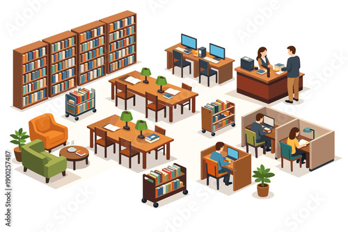 Isometric view of a modern library interior with study areas and bookshelves