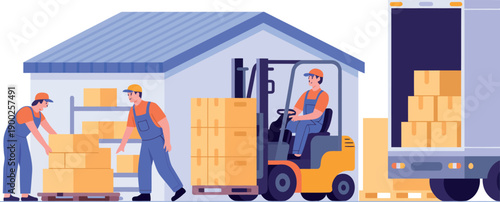 Workers loading boxes into a truck with a forklift in a warehouse