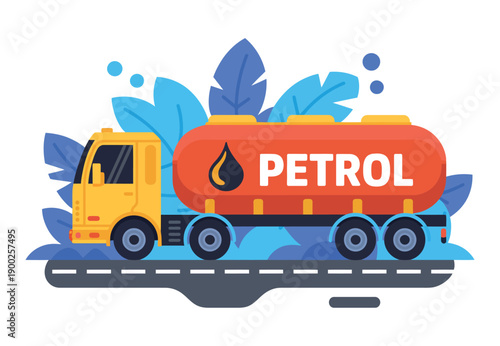 A cartoon illustration of a yellow and orange petrol truck driving on a road with blue leaves in the background.