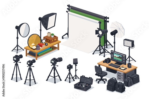 Professional photography studio setup with cameras, lighting, and editing equipment