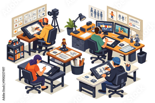 Creative team collaborating on animation projects at their workstations with digital tablets