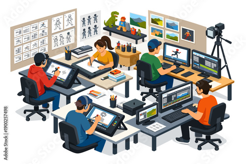Creative team collaborating on animation and digital art projects in a modern studio environment