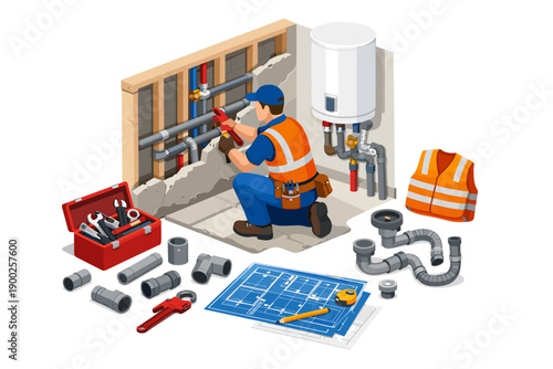 Plumber working on pipes with tools and blueprints, isometric illustration
