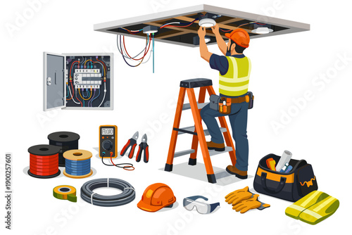 Electrician installing ceiling lights and electrical panel with tools and safety equipment