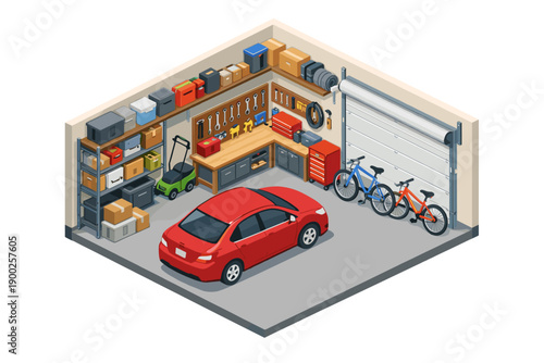 Isometric garage interior with car, bicycles, lawnmower, tools, and storage shelves