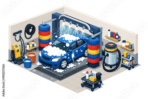 Automated car wash station with blue sedan covered in soap and water jets