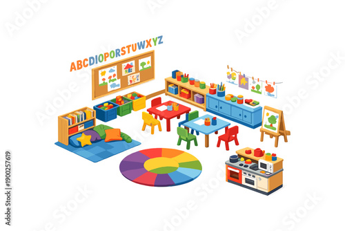 Vibrant and colorful kindergarten classroom setup with learning and play areas