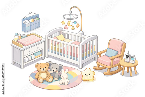 Cozy nursery room setup with crib, changing table, rocking chair, and toys