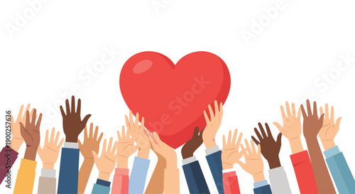Numerous diverse hands reaching towards a prominent red heart, symbolizing collective care, community support and