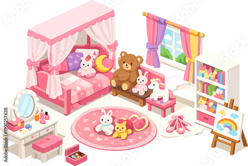 Charming pink isometric children's bedroom with toys and art supplies