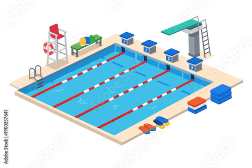 Isometric swimming pool with lanes, diving board, lifeguard chair, and starting blocks