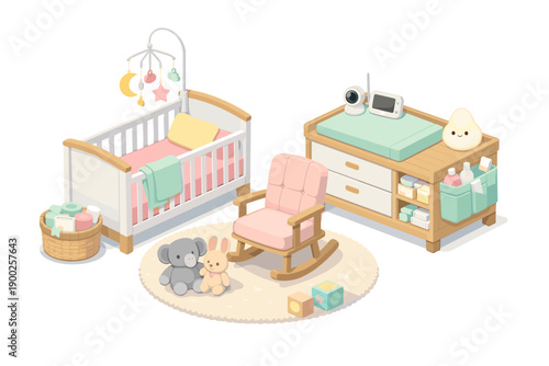 Cozy nursery setup with crib, rocking chair, and changing table for baby care