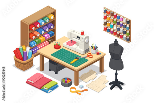 Cozy sewing room setup with sewing machine, fabric, threads, and mannequin