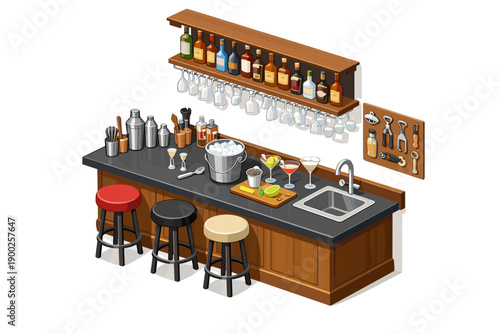 Isometric bar counter with stools, bottles, cocktail glasses, and bar tools