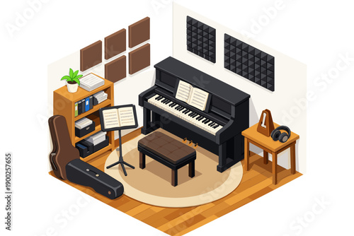 Cozy isometric music room with upright piano, bench, and accessories for practice