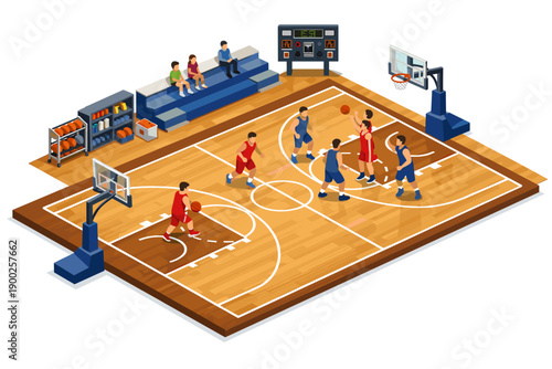 Isometric basketball game in progress with players on court and spectators watching from bleachers