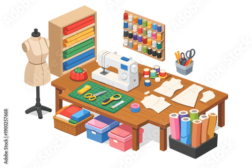 Sewing room setup with mannequin, sewing machine, fabric rolls, and threads