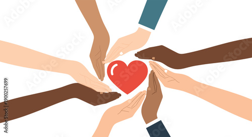 Diverse human hands collaboratively encircling a central red heart, representing global unity, compassionate