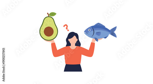 Woman contemplating food choices, holding an avocado and a fish, symbolizing healthy diet decisions and nutritional