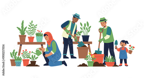 Diverse family engaging in gardening, potting plants and tending soil, representing joyful outdoor activity and shared