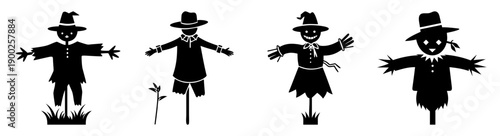 A set of four black scarecrow silhouettes on a white background