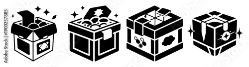 A set of black and white vector icons depicting boxes with various states of opening and damage