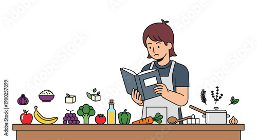 Man in apron reading a recipe book, surrounded by diverse ingredients, illustrating home cooking, healthy eating, and