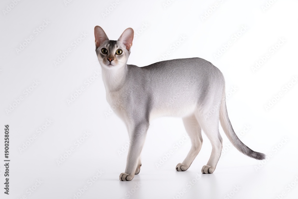 Obraz premium Elegant short-haired Arabian Mau cat standing on white background