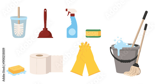 Essential household cleaning tools and supplies neatly arranged, representing home hygiene, maintenance, and domestic