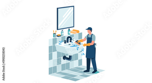 Professional cleaner in apron and gloves actively scrubbing a bathroom sink, demonstrating thorough hygiene and