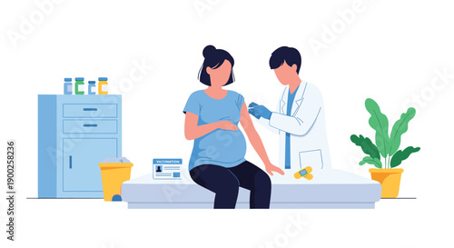 Pregnant woman receiving a vaccination from a male doctor, emphasizing maternal health, preventative care, and medical