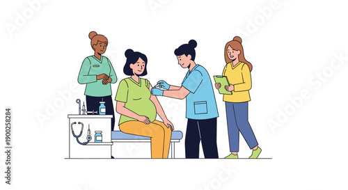 Pregnant woman receiving a vaccine from a nurse, with supporting medical staff, showcasing comprehensive prenatal care