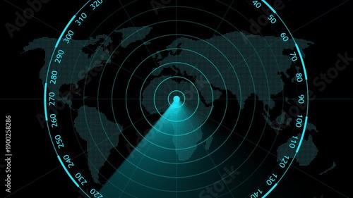 Radar screen loop with scanning beam circular grid. Scanning Submarine Radar Screen with World Map. tracking systems, and advanced technology solutions. 4k video animation concept
