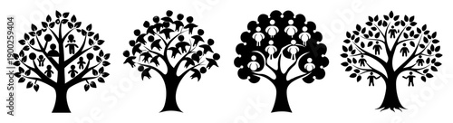 A set of four tree silhouettes in different styles on a white background