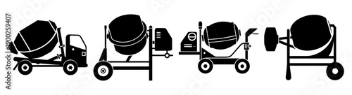 A set of minimalist cement mixer illustrations in various stages of use