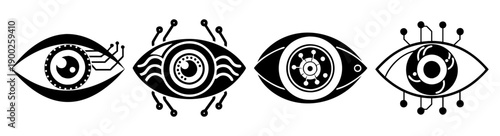 A set of four mystical eye illustrations in a black and white vector design