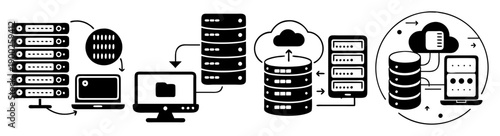 A vector graphic illustration of various computer and server equipment in a modern data center setup