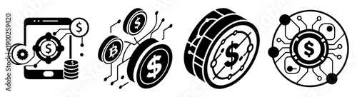 A set of modern financial icons illustrating money and currency concepts