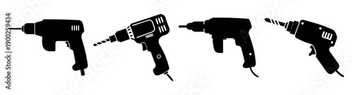 A set of four black drill silhouettes on a white background