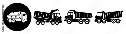 A set of black and white silhouettes of different dump trucks and a cement mixer