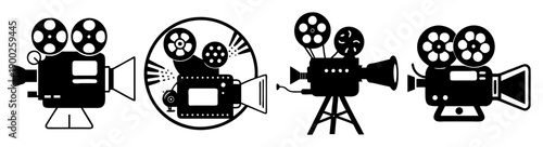 A set of four film cameras in a flat, minimalist vector graphic design