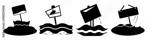 A set of four black and white vector graphic icons depicting signs in various weather conditions
